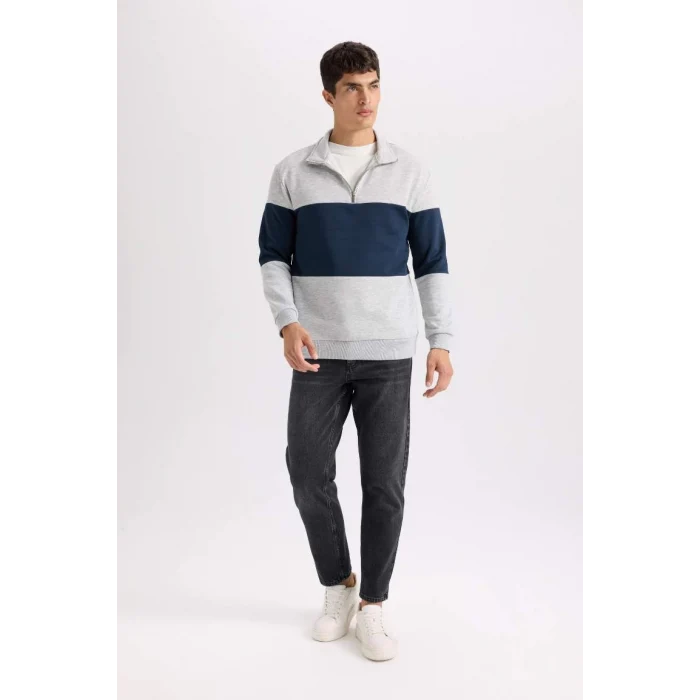 D2401 Comfort Regular Fit Rahat Kalıp Dik Yaka Fermuarlı Çizgili Kalın Sweatshirt