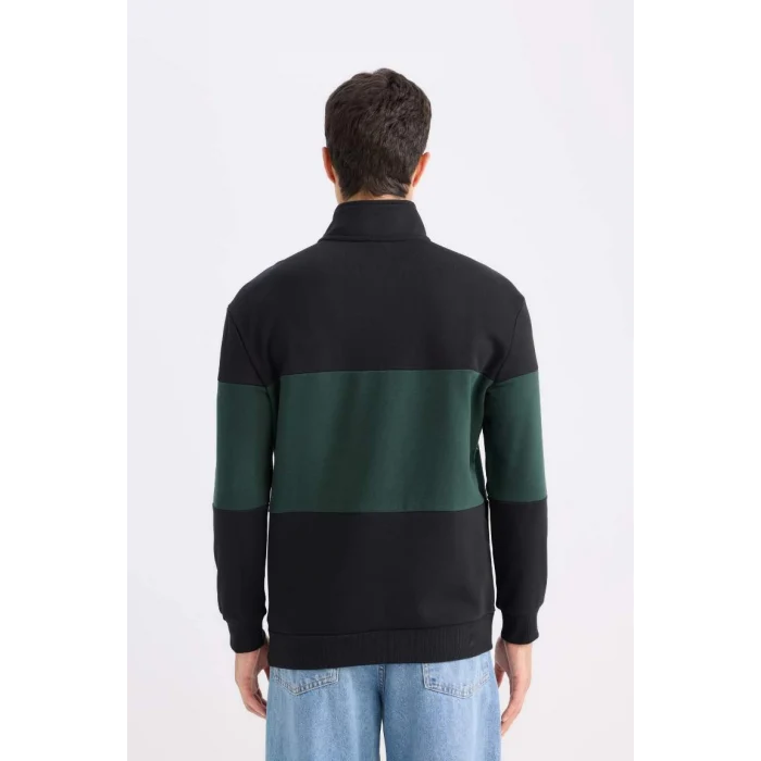 D2401 Comfort Regular Fit Rahat Kalıp Dik Yaka Fermuarlı Çizgili Kalın Sweatshirt