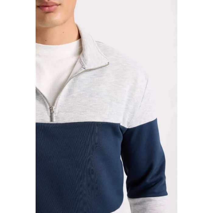 D2401 Comfort Regular Fit Rahat Kalıp Dik Yaka Fermuarlı Çizgili Kalın Sweatshirt