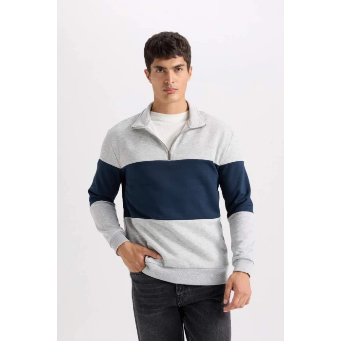 D2401 Comfort Regular Fit Rahat Kalıp Dik Yaka Fermuarlı Çizgili Kalın Sweatshirt