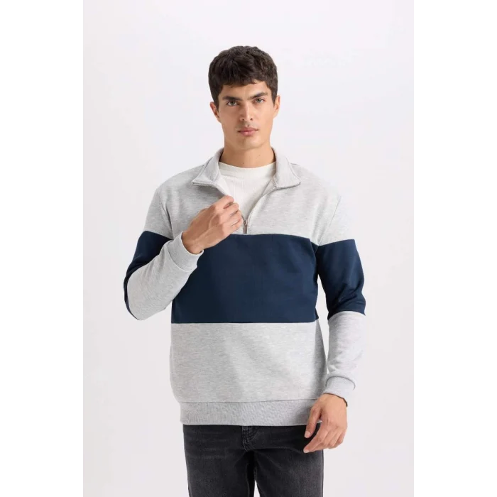 D2401 Comfort Regular Fit Rahat Kalıp Dik Yaka Fermuarlı Çizgili Kalın Sweatshirt