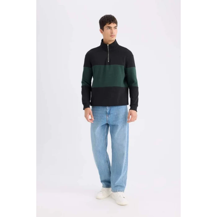 D2401 Comfort Regular Fit Rahat Kalıp Dik Yaka Fermuarlı Çizgili Kalın Sweatshirt