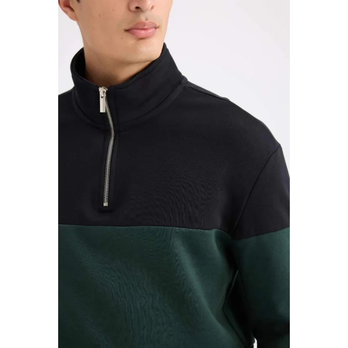 D2401 Comfort Regular Fit Rahat Kalıp Dik Yaka Fermuarlı Çizgili Kalın Sweatshirt
