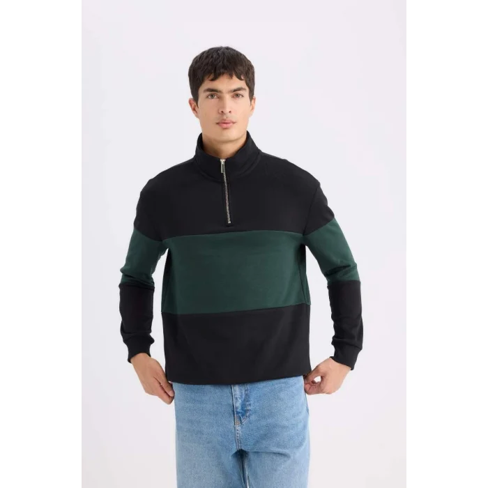 D2401 Comfort Regular Fit Rahat Kalıp Dik Yaka Fermuarlı Çizgili Kalın Sweatshirt