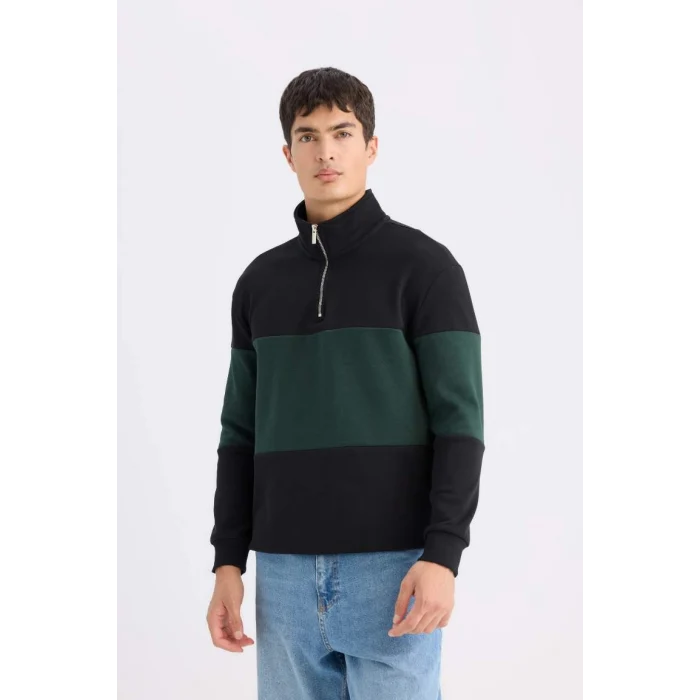 D2401 Comfort Regular Fit Rahat Kalıp Dik Yaka Fermuarlı Çizgili Kalın Sweatshirt