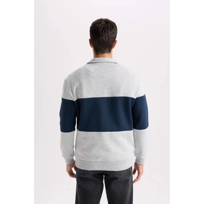 D2401 Comfort Regular Fit Rahat Kalıp Dik Yaka Fermuarlı Çizgili Kalın Sweatshirt