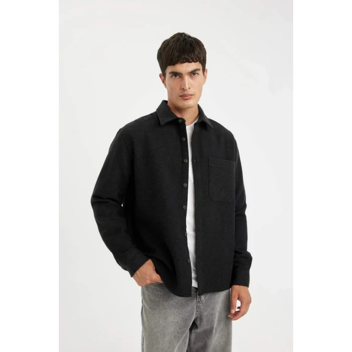 D2622 Regular Fit Basic Düz Pamuk Karışımlı Uzun Kollu Gömlek