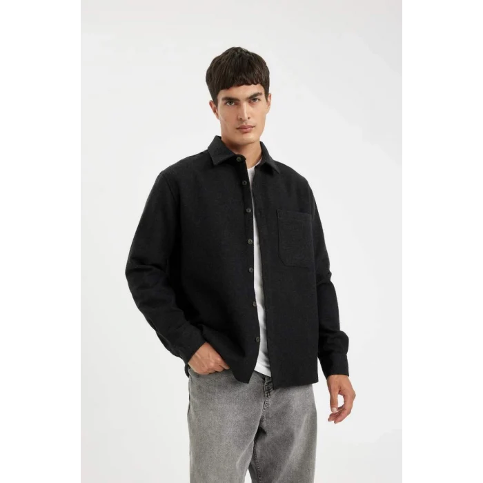 D2622 Regular Fit Basic Düz Pamuk Karışımlı Uzun Kollu Gömlek