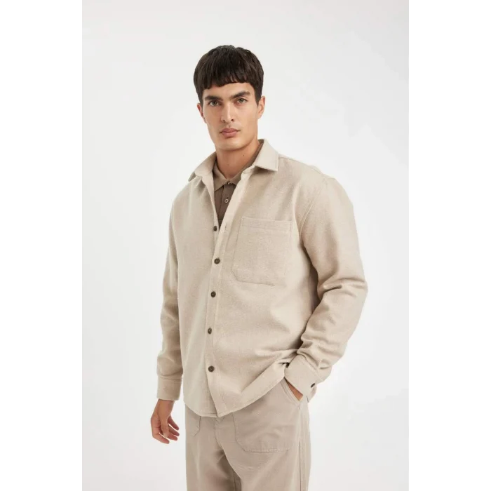 D2622 Regular Fit Polo Yaka Basic Düz Pamuk Karışımlı Uzun Kollu Gömlek