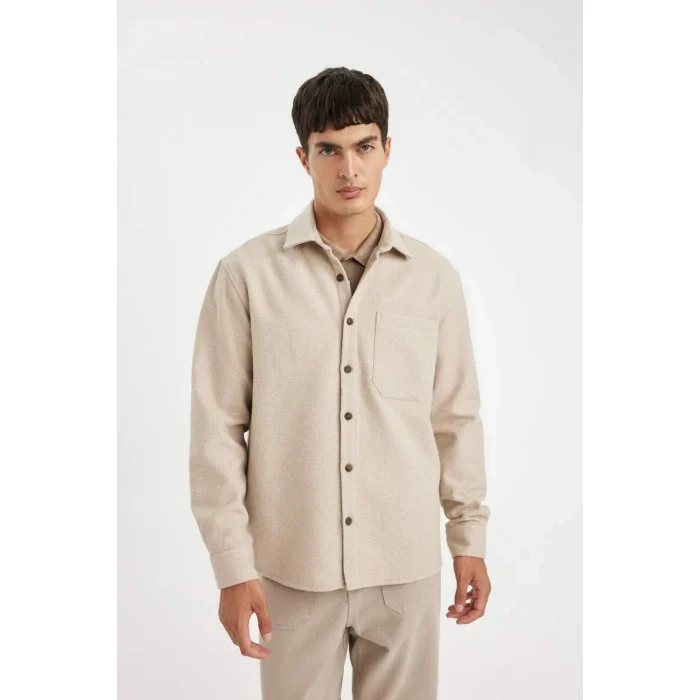 D2622 Regular Fit Polo Yaka Basic Düz Pamuk Karışımlı Uzun Kollu Gömlek