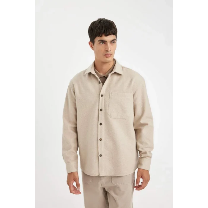 D2622 Regular Fit Polo Yaka Basic Düz Pamuk Karışımlı Uzun Kollu Gömlek