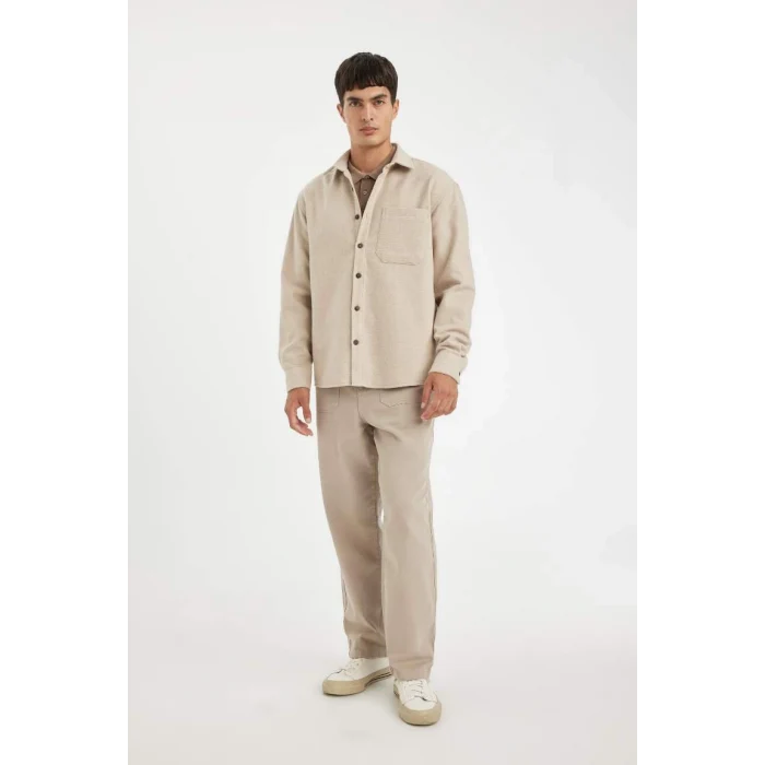 D2622 Regular Fit Polo Yaka Basic Düz Pamuk Karışımlı Uzun Kollu Gömlek