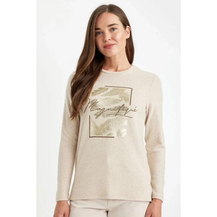 D2697 Relax Fit Bisiklet Yaka Parlak Baskılı Uzun Kollu Tişört