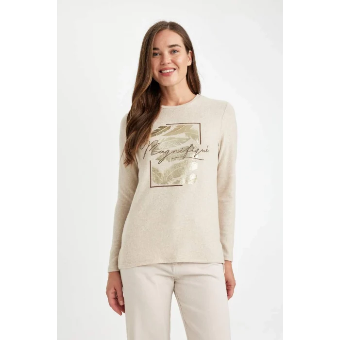 D2697 Relax Fit Bisiklet Yaka Parlak Baskılı Uzun Kollu Tişört