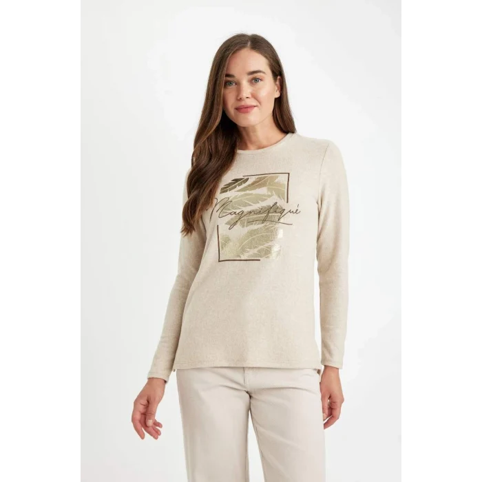 D2697 Relax Fit Bisiklet Yaka Parlak Baskılı Uzun Kollu Tişört