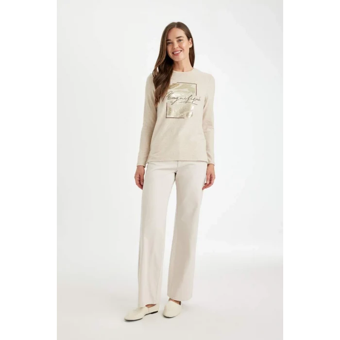 D2697 Relax Fit Bisiklet Yaka Parlak Baskılı Uzun Kollu Tişört