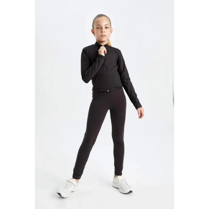 D2758 Basic Düz Fermuarlı Cepli Dik Yaka Siyah Hırka