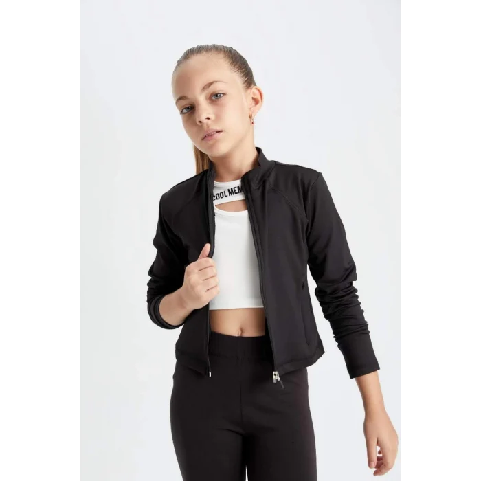 D2758 Basic Düz Fermuarlı Cepli Dik Yaka Siyah Hırka