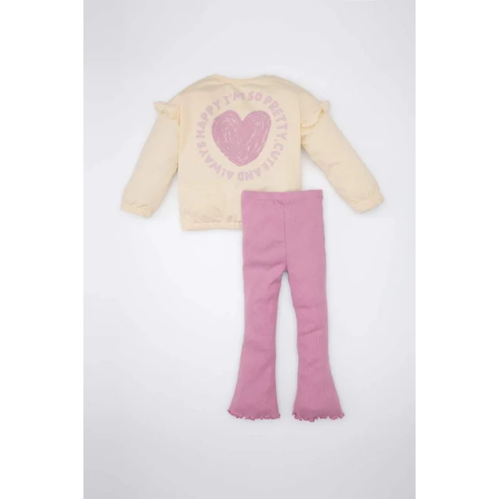 D2860 2li Takım Kalp Desenli Bisiklet Yaka Sweatshirt Üst Beli Lastikli İspanyol Paça Tayt