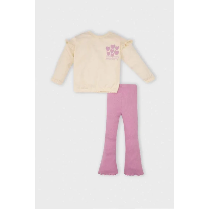 D2860 2li Takım Kalp Desenli Bisiklet Yaka Sweatshirt Üst Beli Lastikli İspanyol Paça Tayt