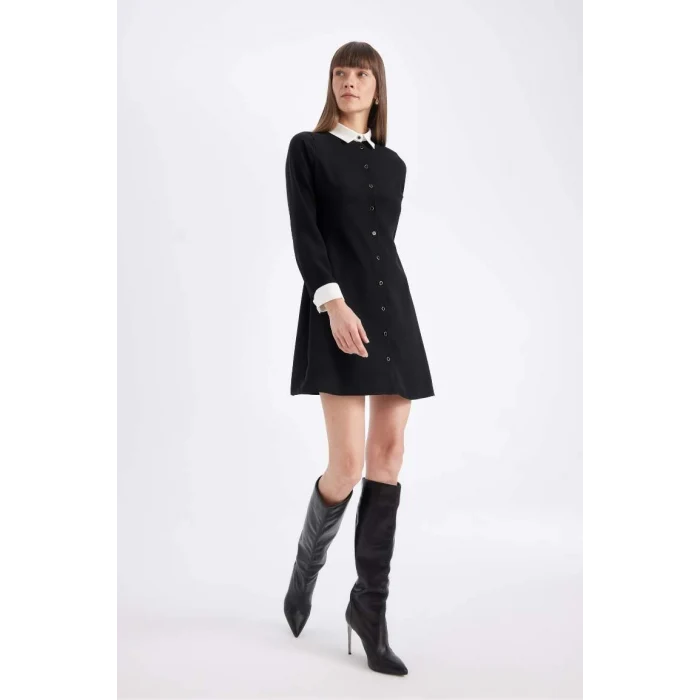 D2874 Krep Uzun Kollu Mini Elbise