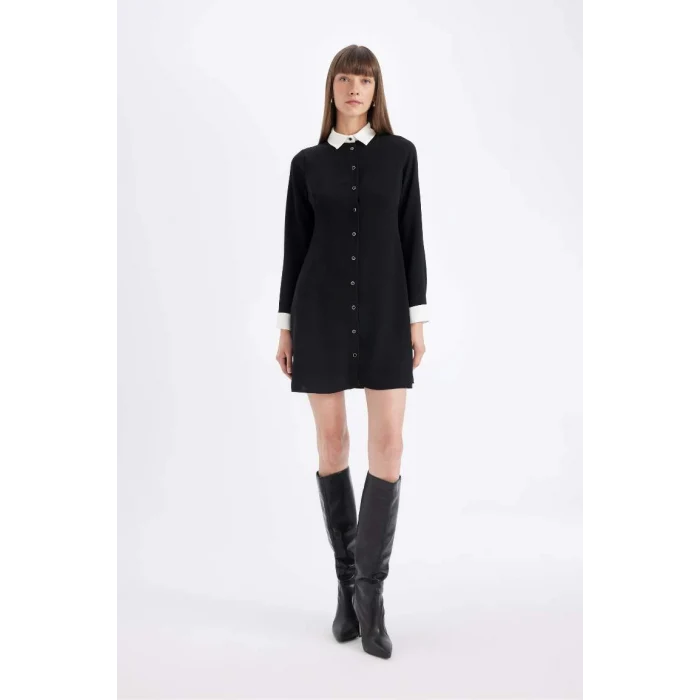 D2874 Krep Uzun Kollu Mini Elbise