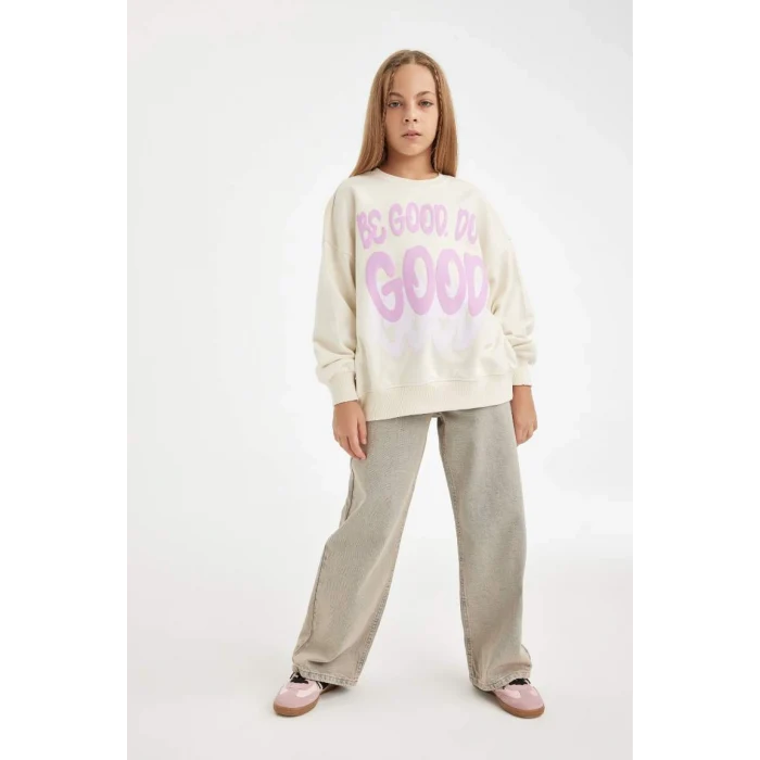 D2880 Oversize Geniş Kalıp Bisiklet Yaka Baskılı Sweatshirt