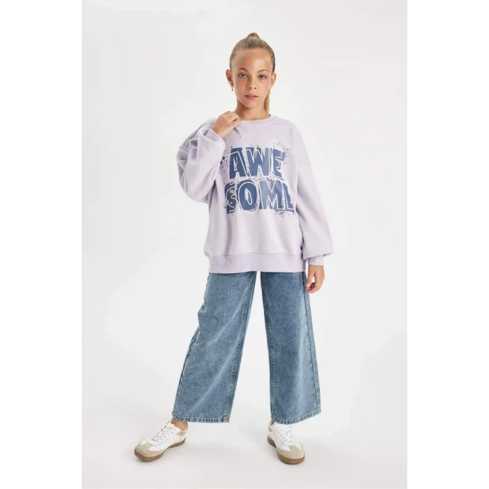 D2880 Oversize Geniş Kalıp Bisiklet Yaka Baskılı Sweatshirt