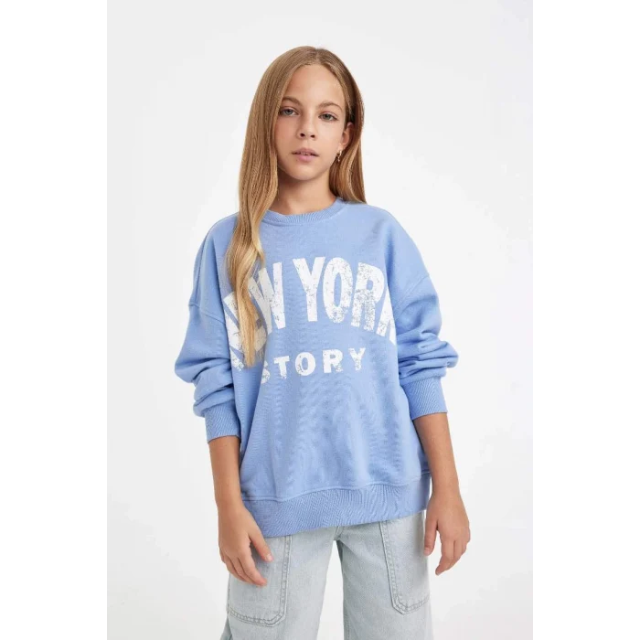 D2880 Oversize Geniş Kalıp Bisiklet Yaka Baskılı Sweatshirt