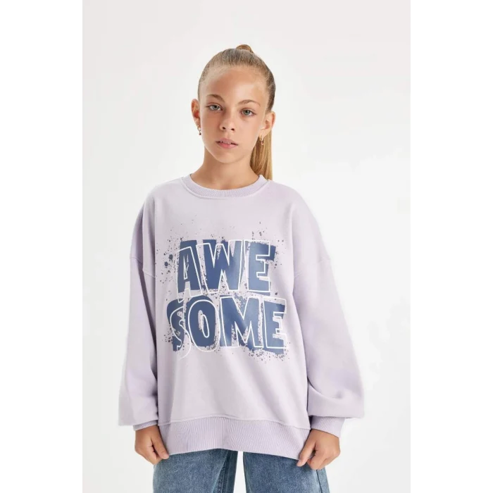 D2880 Oversize Geniş Kalıp Bisiklet Yaka Baskılı Sweatshirt