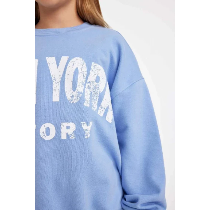 D2880 Oversize Geniş Kalıp Bisiklet Yaka Baskılı Sweatshirt