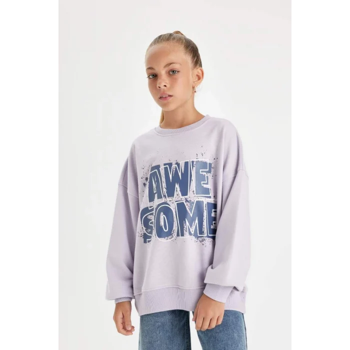 D2880 Oversize Geniş Kalıp Bisiklet Yaka Baskılı Sweatshirt