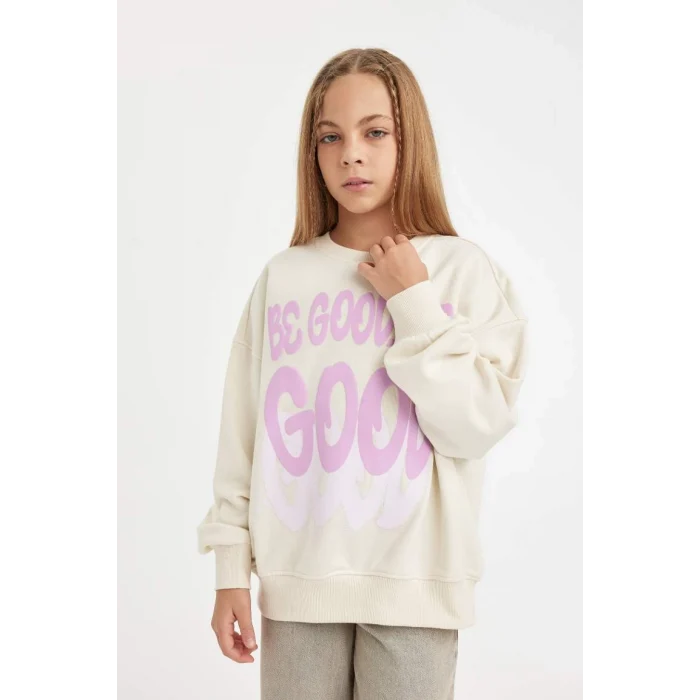 D2880 Oversize Geniş Kalıp Bisiklet Yaka Baskılı Sweatshirt