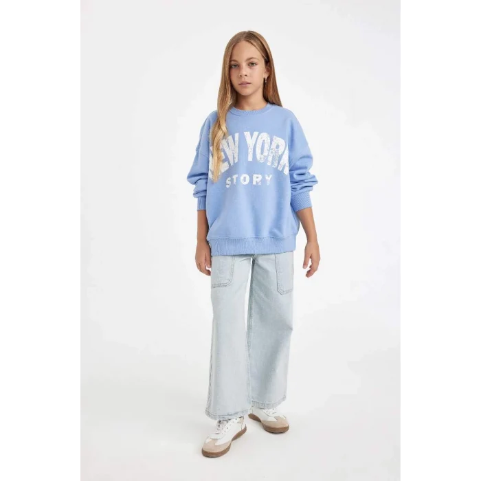 D2880 Oversize Geniş Kalıp Bisiklet Yaka Baskılı Sweatshirt