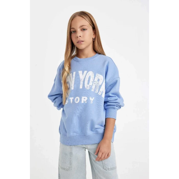 D2880 Oversize Geniş Kalıp Bisiklet Yaka Baskılı Sweatshirt