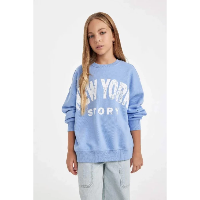 D2880 Oversize Geniş Kalıp Bisiklet Yaka Baskılı Sweatshirt