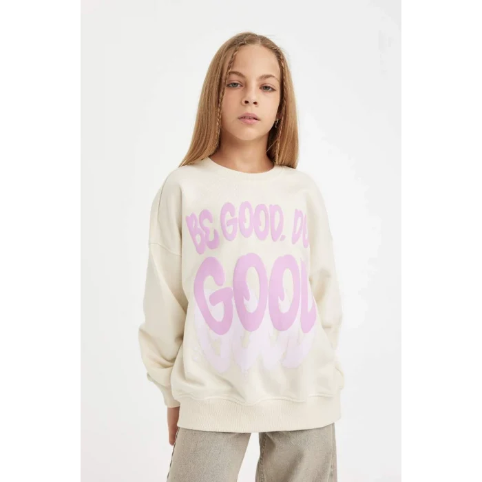 D2880 Oversize Geniş Kalıp Bisiklet Yaka Baskılı Sweatshirt