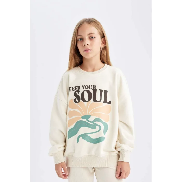 D2880 Oversize Geniş Kalıp Bisiklet Yaka Baskılı Sweatshirt