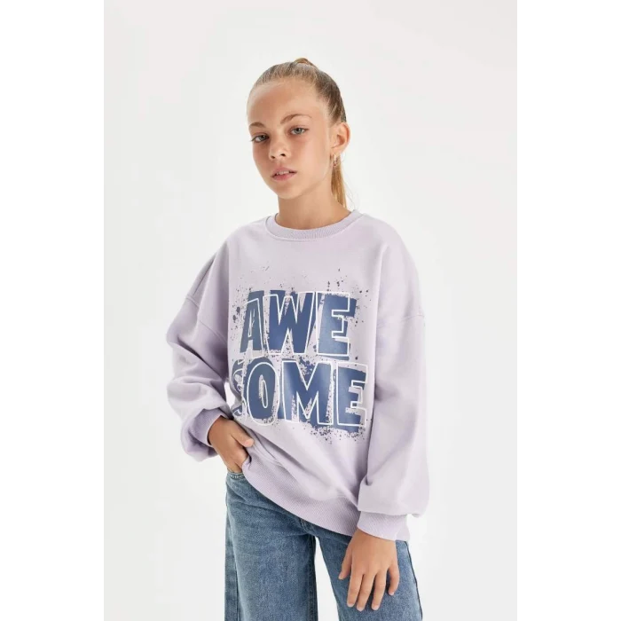 D2880 Oversize Geniş Kalıp Bisiklet Yaka Baskılı Sweatshirt