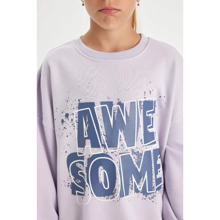 D2880 Oversize Geniş Kalıp Bisiklet Yaka Baskılı Sweatshirt