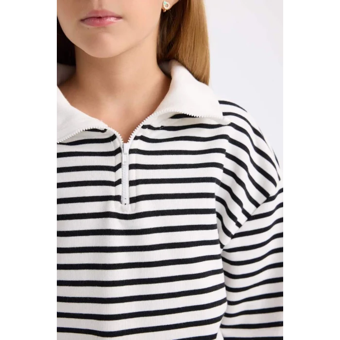 D2883 Oversize Fit Geniş Kalıp Yarım Fermuarlı Çizgili Sweatshirt