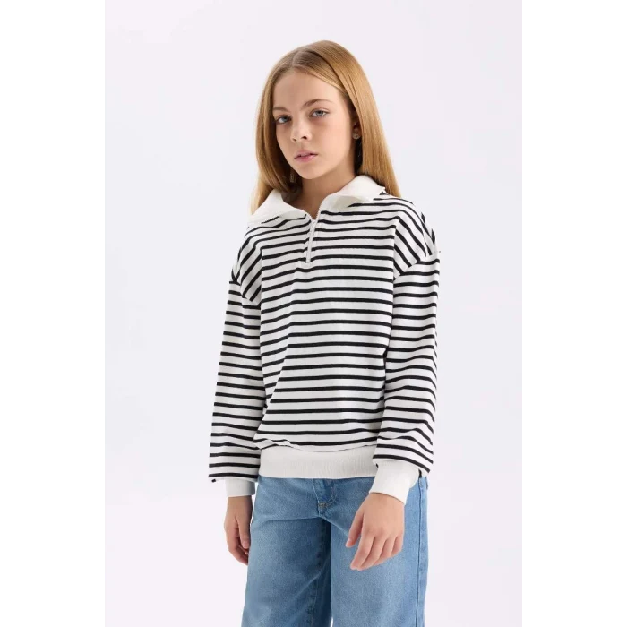 D2883 Oversize Fit Geniş Kalıp Yarım Fermuarlı Çizgili Sweatshirt