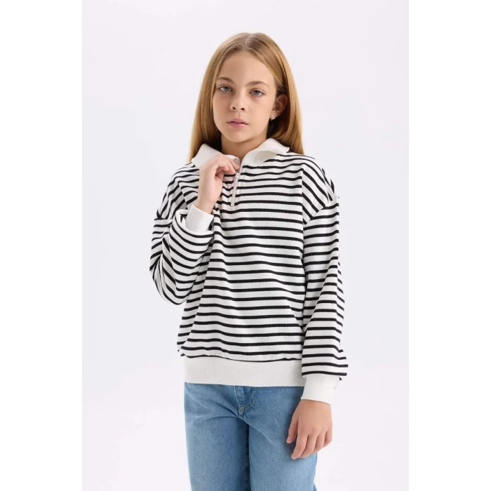 D2883 Oversize Fit Geniş Kalıp Yarım Fermuarlı Çizgili Sweatshirt