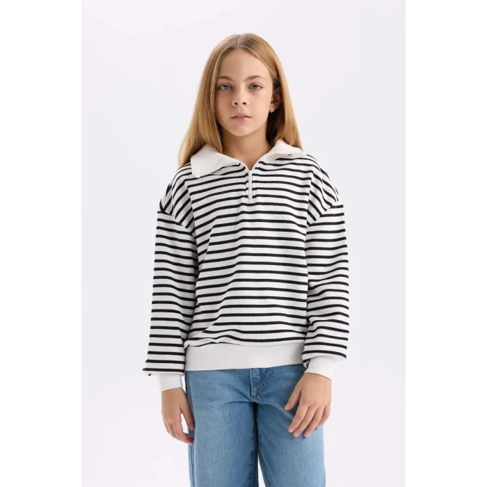 D2883 Oversize Fit Geniş Kalıp Yarım Fermuarlı Çizgili Sweatshirt