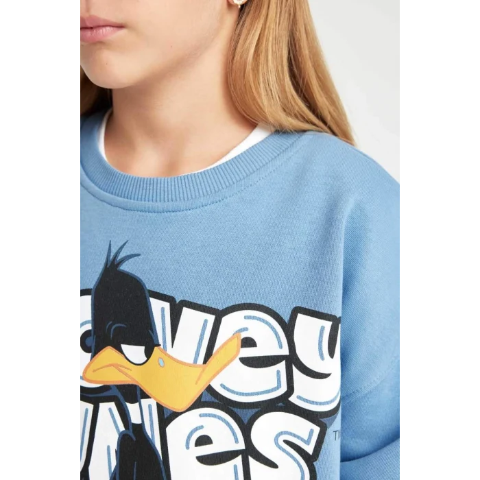 D2982 Mavi Looney Tunes Baskılı Oversize Geniş Kalıp Bisiklet Yaka Sweatshirt