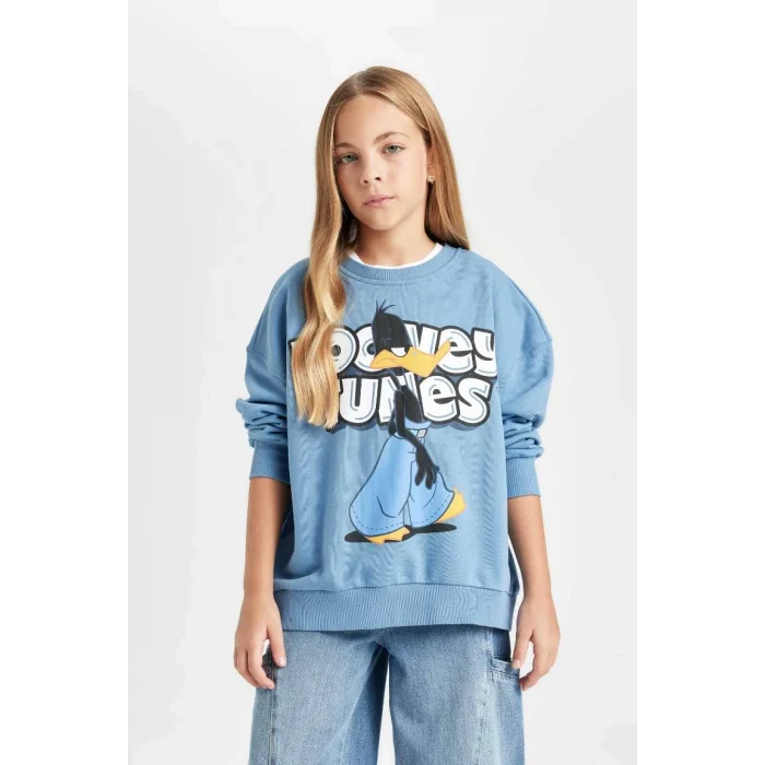 D2982 Mavi Looney Tunes Baskılı Oversize Geniş Kalıp Bisiklet Yaka Sweatshirt