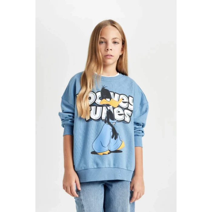 D2982 Mavi Looney Tunes Baskılı Oversize Geniş Kalıp Bisiklet Yaka Sweatshirt