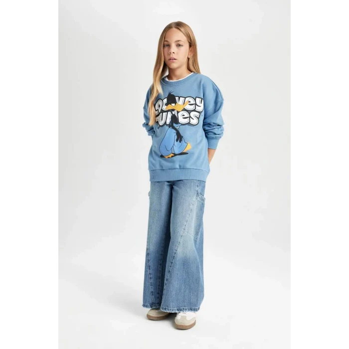 D2982 Mavi Looney Tunes Baskılı Oversize Geniş Kalıp Bisiklet Yaka Sweatshirt