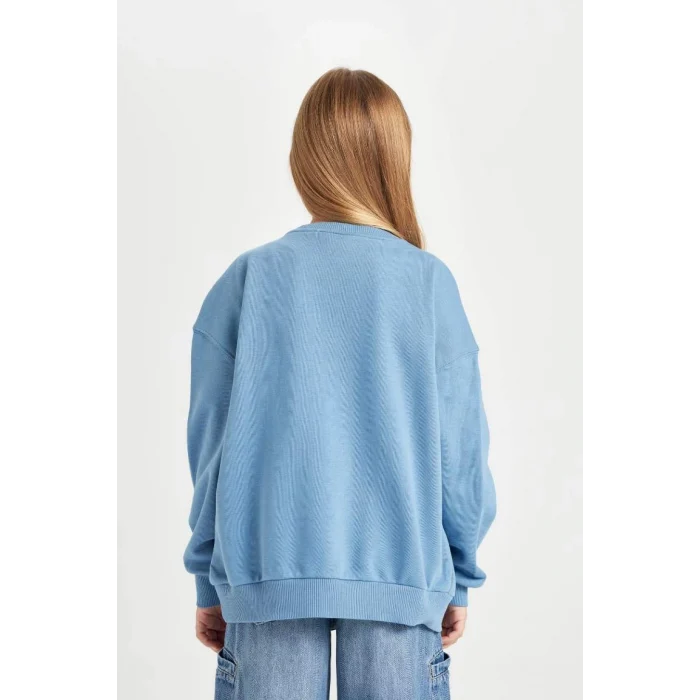 D2982 Mavi Looney Tunes Baskılı Oversize Geniş Kalıp Bisiklet Yaka Sweatshirt