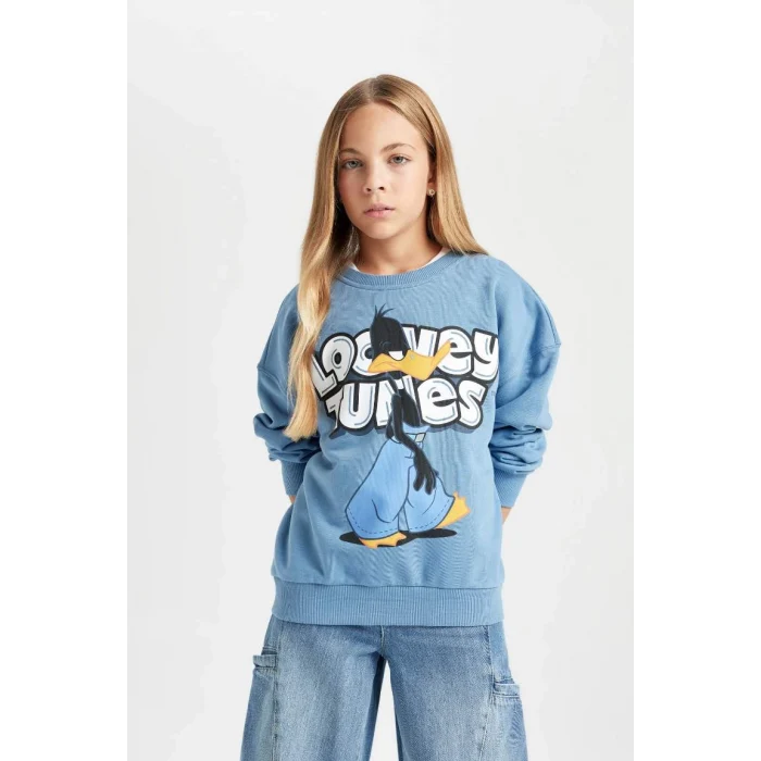 D2982 Mavi Looney Tunes Baskılı Oversize Geniş Kalıp Bisiklet Yaka Sweatshirt